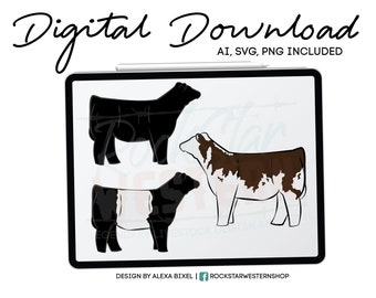 6 Market Steer Art Graphics - Digital Download - Ai - SVG - PNG