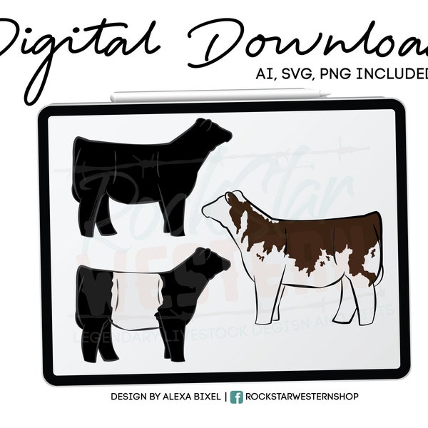 6 Market Steer Art Graphics - Digital Download - Ai - SVG - PNG