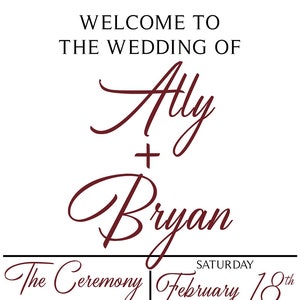 May include: Wedding invitation in burgundy script announcing Ally and Bryan's wedding. Details include the ceremony, date, location, and names of the wedding party. The invitation is on a white background.