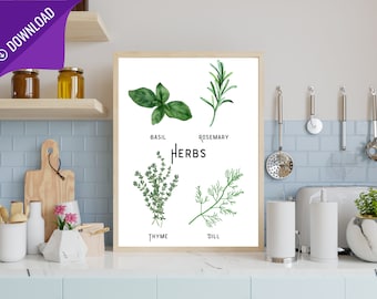 Herb Prints Bundle | Kitchen Wall Art | Set of 5 | Printable Wall Art | Boho Kitchen | Kitchen Print Set | Botanical Art | Digital Download