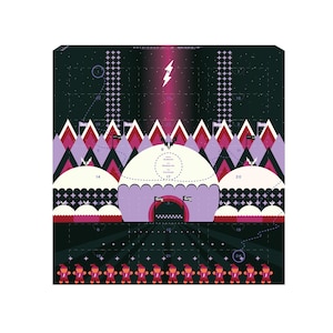 May include: A square advent calendar with a dark background featuring a central white dome, purple arches, and stylised mountain peaks in shades of red, pink, and purple. A white lightning bolt sits at the top, with small gingerbread figures below.