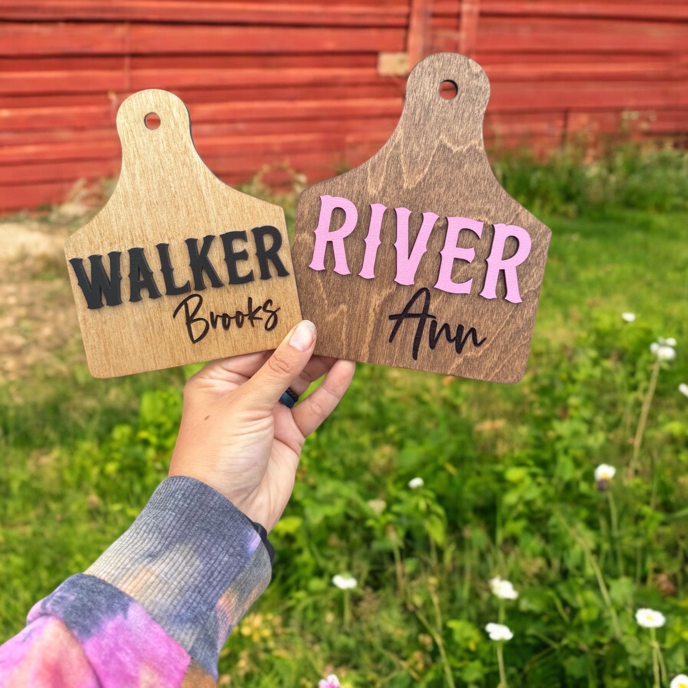 cow tag birth announcement sign, newborn name sign, ear tag name sign, hospital name sign, wooden name sign, western baby announcement