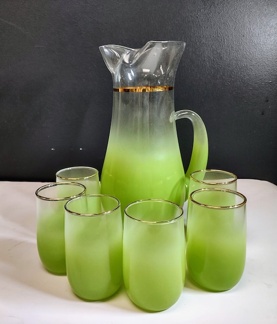 Blendo Pitcher and 6 Glasses Set 1950s to 1960s Lime Green Frosted Glass  Gold Rim West Virginia Glass Company. 