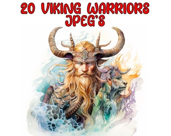 Aquarelle Viking Clipart, 20 JPG de haute qualité, Téléchargement numérique instantané - Fabrication de cartes, Artisanat en papier numérique - Dieu Viking Warrior Clipart