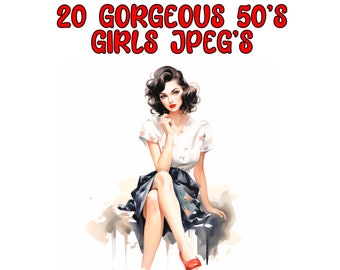 Aquarell 50er Jahre Mädchen Clipart, 20 hochwertige JPGs, sofortiger digitaler Download - Kartenherstellung, digitales Papier Handwerk - Pin Up Girls Clipart