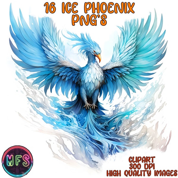 Watercolor Ice Phoenix Clipart, 16 High Quality PNG's, Instant Digital Download- Card Making, Digital Paper Craft - Mythological Clipart