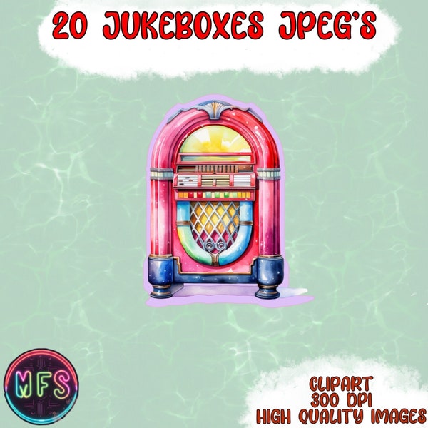 Jukeboxen Clipart, 20 hochwertige JPGs, sofortiger digitaler Download - Kartenherstellung, digitales Papier Handwerk -Vintage Jukebox Aquarell