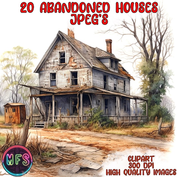 Watercolor Abandoned House Clipart, 20 High Quality JPGs, Instant Digital Download - Card Making, Digital Paper Craft- Woods Clipart