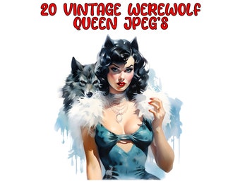Aquarelle 50's Pin up Werewolf Queen Clipart, 20 JPG de haute qualité, téléchargement numérique instantané - fabrication de cartes - vintage Halloween Clipart