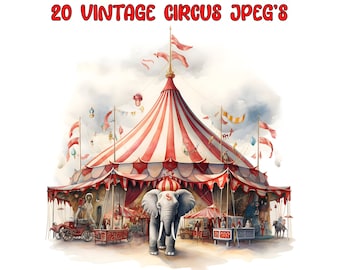 Watercolor Vintage Circus Clipart, 20 High Quality JPGs, Instant Digital Download - Card Making, Digital Paper Craft - Old Circus Clipart