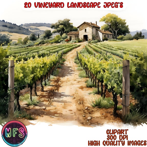 Watercolor Vineyard Landscape Clipart, 20 High Quality JPGs, Instant Digital Download - Card Making, Digital Paper Craft - Vineyard Clipart