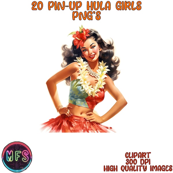 Aquarell 50er Jahre Hula Girl Clipart, 20 hochwertige PNG, sofortiger digitaler Download - Kartenherstellung, digitales Papiermodell - Pin Up Clipart
