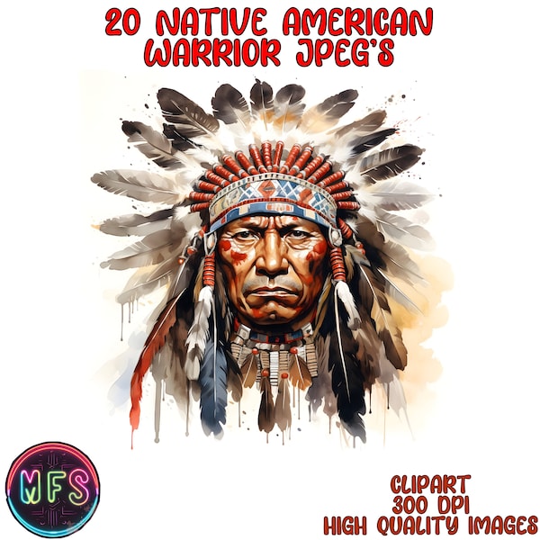 Aquarelle Native American Warrior Clipart, 20 JPG de haute qualité, téléchargement numérique instantané - fabrication de cartes, artisanat en papier numérique -