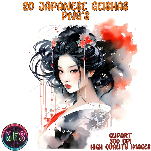 Watercolor Japanese Geisha Clipart, 20 High Quality PNG's, Instant Digital Download - Card Making, Digital Paper Craft - Japan Clipart