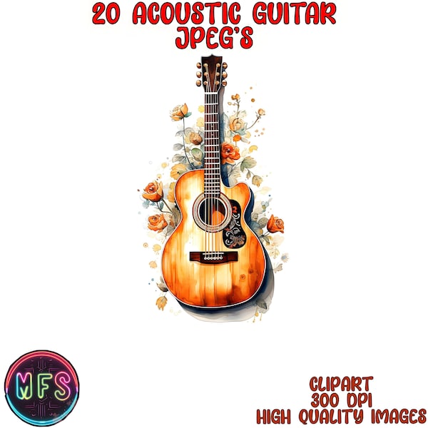 Watercolor Acoustic Guitar Clipart, 20 High Quality JPGs, Instant Digital Download - Card Making, Digital Paper Craft - Musical Clipart