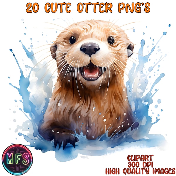 Watercolor Cute Otter Clipart, 20 High Quality PNGs, Instant Digital Download - Card Making, Digital Paper Craft - Cute Animal Clipart