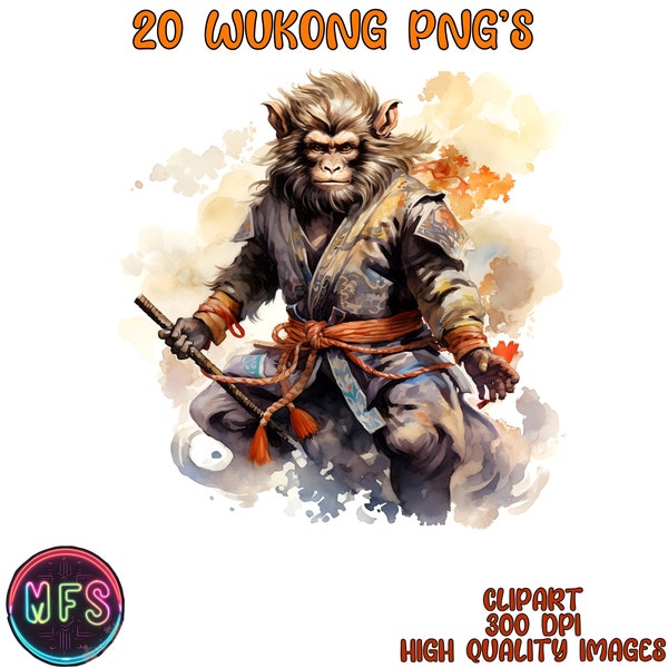 Aquarell Legendäre Wukong Clipart, 20 hochwertige PNG sofortiger digitaler Download - Kartenherstellung, digitales Papier Handwerk - mythischer Affe Clipart