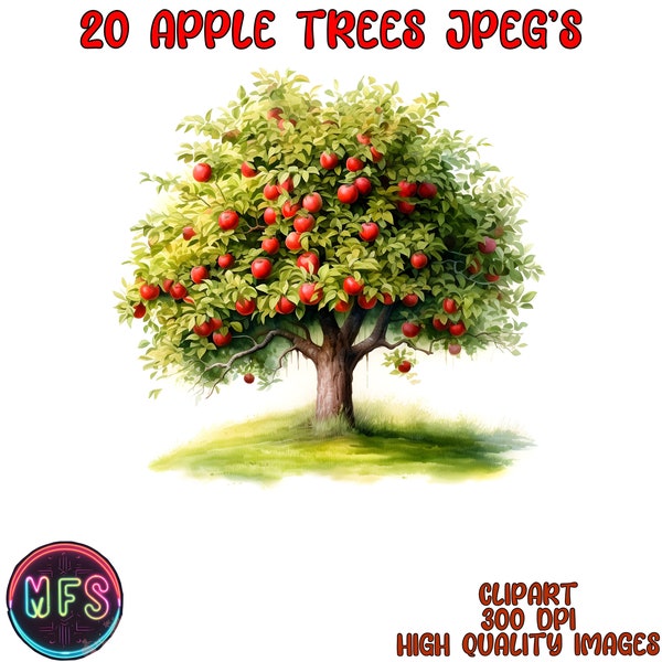 Watercolor Apple Tree Clipart, 20 High Quality JPGs, Instant Digital Download - Card Making, Digital Paper Craft - Nature Clipart