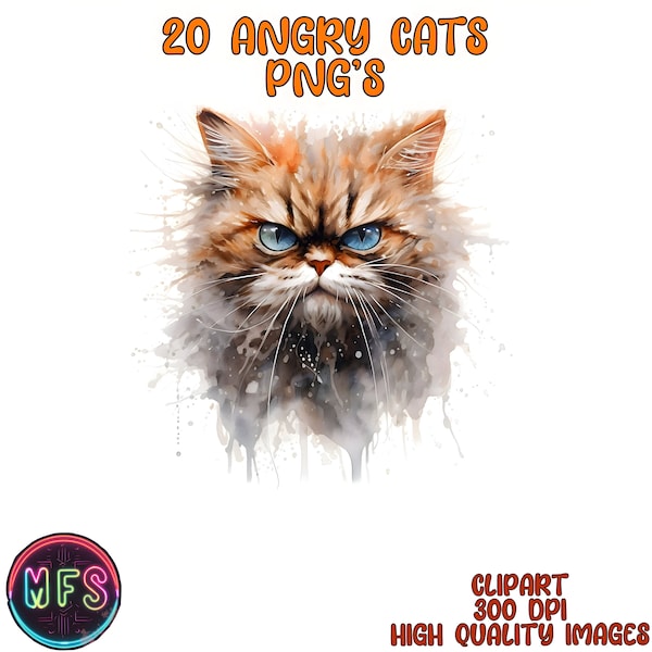 Watercolor Angry Cat Clipart, 20 High Quality PNG's, Instant Digital Download - Card Making, Digital Paper Craft- Grumpy Cat Clipart