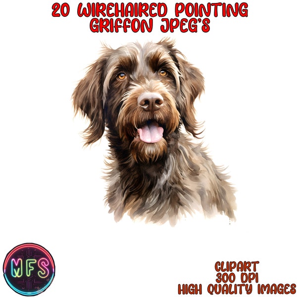 Watercolor Wirehaired Pointing Griffon Dog Clipart, 20 High Quality JPGs, Instant Digital Download- Card Making, Digital Paper Craft