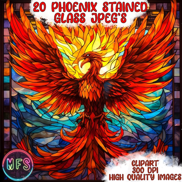 Phoenix Stained Glass Clipart, 20 High Quality JPG Instant Digital Download - Card Making, Digital Paper Craft - Legendary Bird Clipart