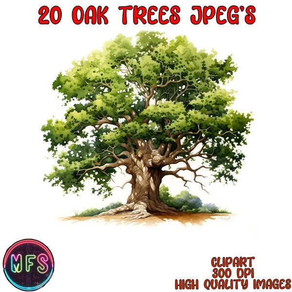Watercolor Oak Tree Clipart, 20 High Quality JPGs, Instant Digital Download - Card Making, Digital Paper Craft - Nature Clipart