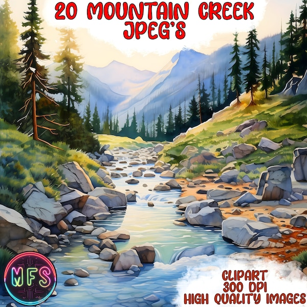 Watercolor Mountain Creek  Clipart, 20 High Quality JPGs, Instant Digital Download - Card Making, Digital Paper Craft - Mountain Clipart