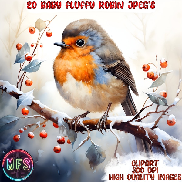 Watercolor Fluffy Baby Robin, 20 High Quality JPG's Instant Digital Download - Card Making Digital Paper Craft - Robin Bird Clipart