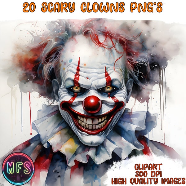 Aquarelle Scary Clowns Clipart, 20 PNG de haute qualité, Téléchargement numérique instantané - Fabrication de cartes, Artisanat en papier numérique - Clown Clipart