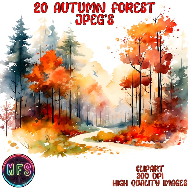 Watercolor Autumn Forest Clipart, 20 High Quality JPGs, Instant Digital Download- Card Making, Digital Paper Craft - Autumn Woods Clipart