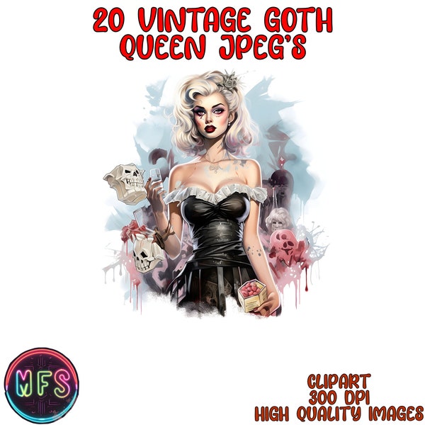 Watercolor  50's Goth Queen Clipart, 20 High Quality JPGs, Instant Digital Download - Card Making, Digital Paper Craft - Pin Up Clipart