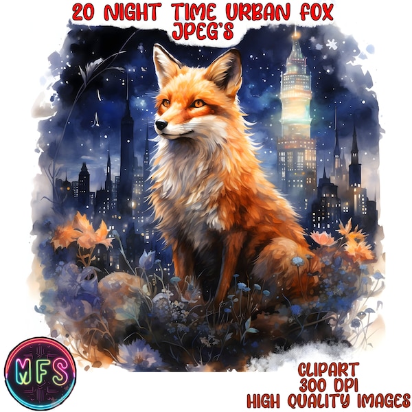 Watercolor Night Time Urban Fox Clipart, 20 High Quality JPGs, Instant Digital Download- Card Making, Digital Paper Craft - City Clipart
