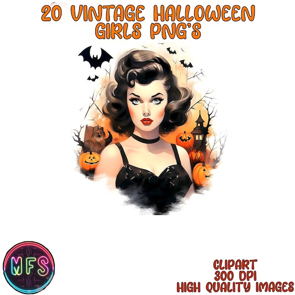 Watercolor  50's Halloween Girls Clipart, 20 High Quality PNGs, Instant Digital Download - Card Making, Digital Paper Craft - Pin-up Clipart