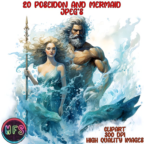 Watercolor Poseidon & Mermaid Clipart, 20 High Quality JPGs, Instant Digital Download- Card Making, Digital Paper Craft - Neptune Clipart