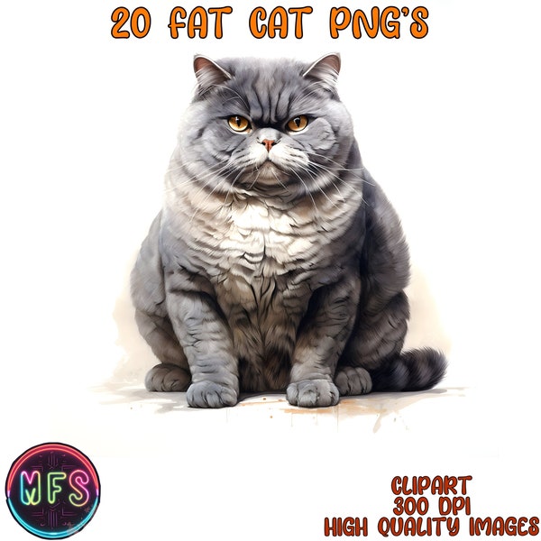 Watercolor Overweight Cats Clipart, 20 High Quality PNG's, Instant Digital Download- Card Making, Digital Paper Craft - Fat Cat Clipart