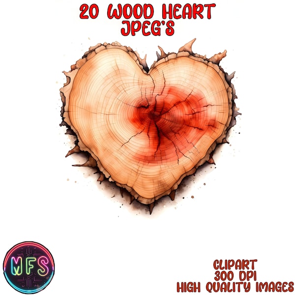 Watercolor Wood Heart Clipart, 20 High Quality JPGs, Instant Digital Download - Card Making, Digital Paper Craft - Wooden Heart Clipart
