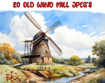Watercolor Wind Mill Clipart, 20 High Quality JPGs, Instant Digital Download- Card Making, Digital Paper Craft - Windmill Clipart