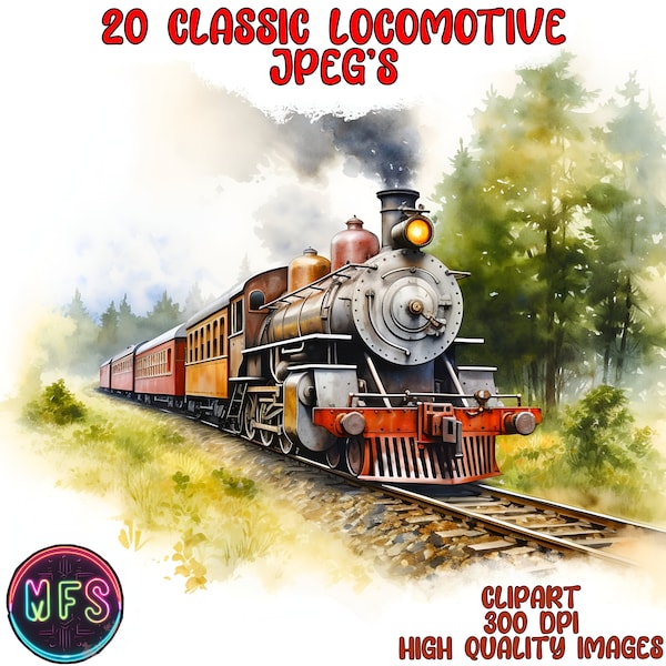 Watercolor Classic Train Clipart, 20 High Quality JPGs, Instant Digital Download - Card Making, Digital Paper Craft - Locomotive Clipart