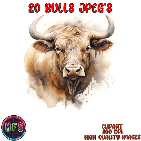 Watercolor Bulls Clipart, 20 High Quality JPGs, Instant Digital Download - Card Making, Digital Paper Craft- Highland Cow Clipart