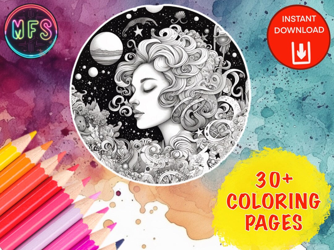 31 Grayscale Space Girl Coloring Page Adult Coloring Page Etsy