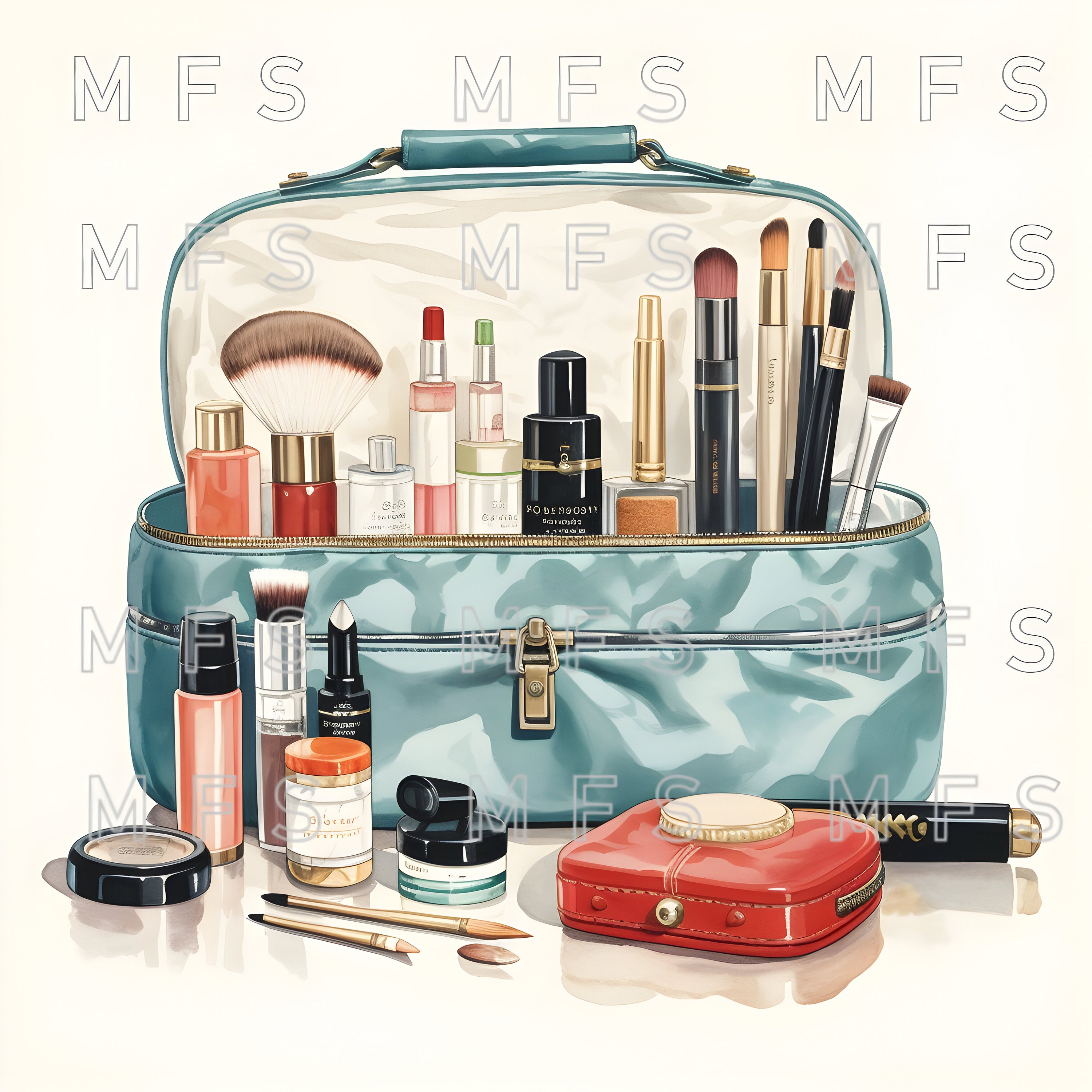 Watercolor Vintage Makeup Bag Clipart, 20 High Quality Jpgs, Instant