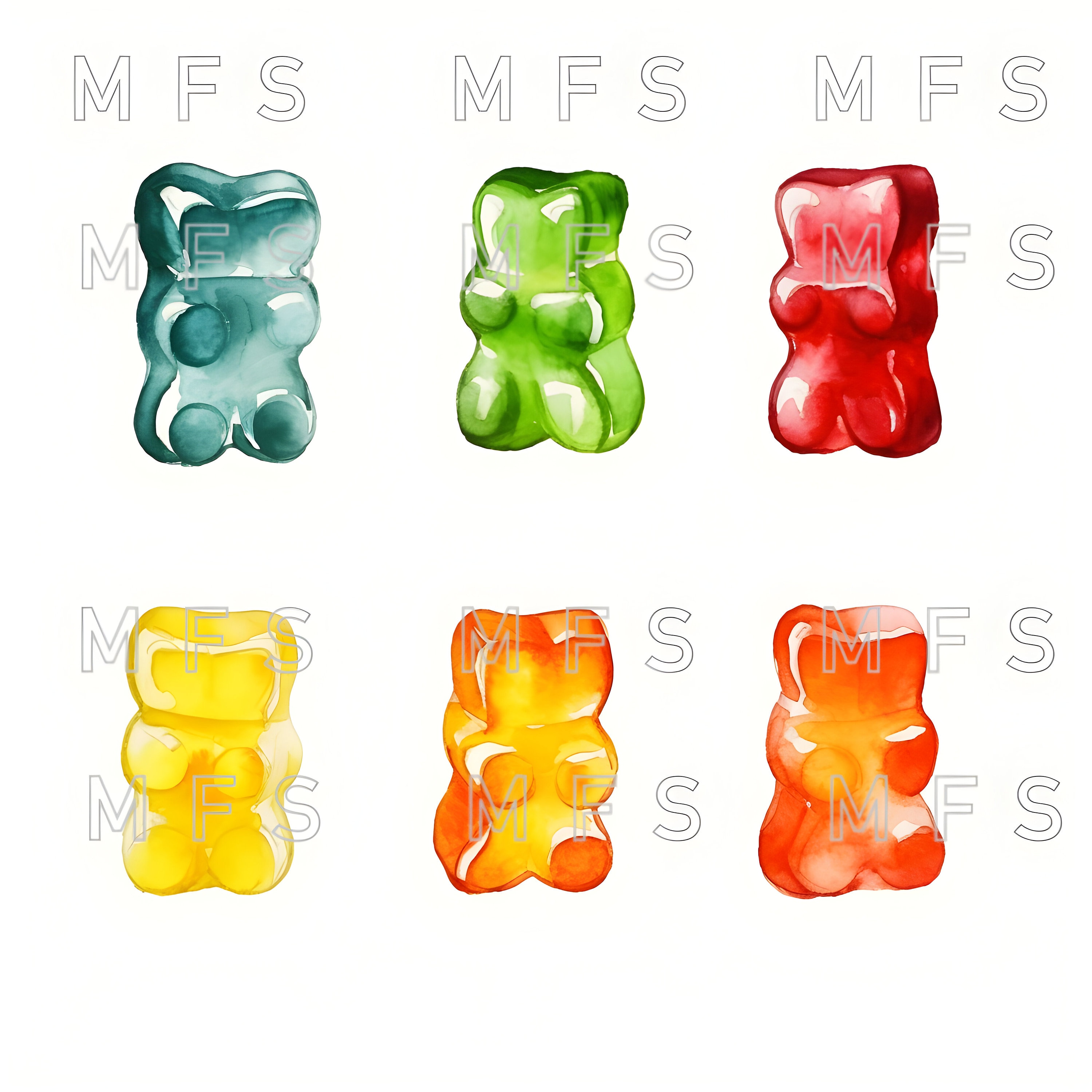 Watercolor Cute Gummy Bears Clipart, 20 High Quality Jpgs, Instant Digital Download Card Making ...