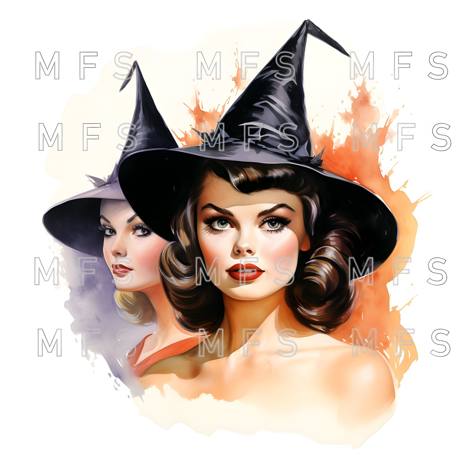 Watercolor 50's Pin up Witch Girl Clipart, 20 High Quality Jpgs