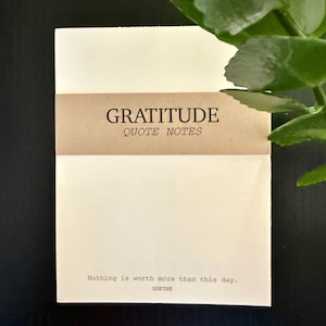 May include: A stack of cream-colored quote notes with a brown band that reads "GRATITUDE QUOTE NOTES." The bottom of the notes has the quote "Nothing is worth more than this day." by Goethe. Green leaves are in the upper right corner.