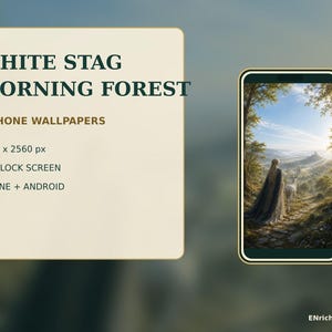 以下が含まれることがあります： 「WHITE STAG MORNING FOREST」と題された5種類のスマホ用壁紙を表示するデジタル画面。長いマントを羽織った人物が白い牡鹿と共に森の小道を歩き、遠くの風景に向かう様子が描かれている。テキストには1440 x 2560 px、9:16 LOCK SCREEN、IPHONE + ANDROIDと記載されている。