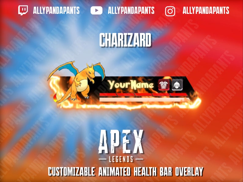 K&ouml;nnte beinhalten: Anpassbares animiertes Health-Bar-Overlay mit einer Charizard-Grafik. Das Overlay enth&auml;lt einen Bereich f&uuml;r einen benutzerdefinierten Namen, Symbole und eine Gesundheitsleiste, vor einem feurigen Hintergrund. Das Apex Legends-Logo ist ebenfalls sichtbar.