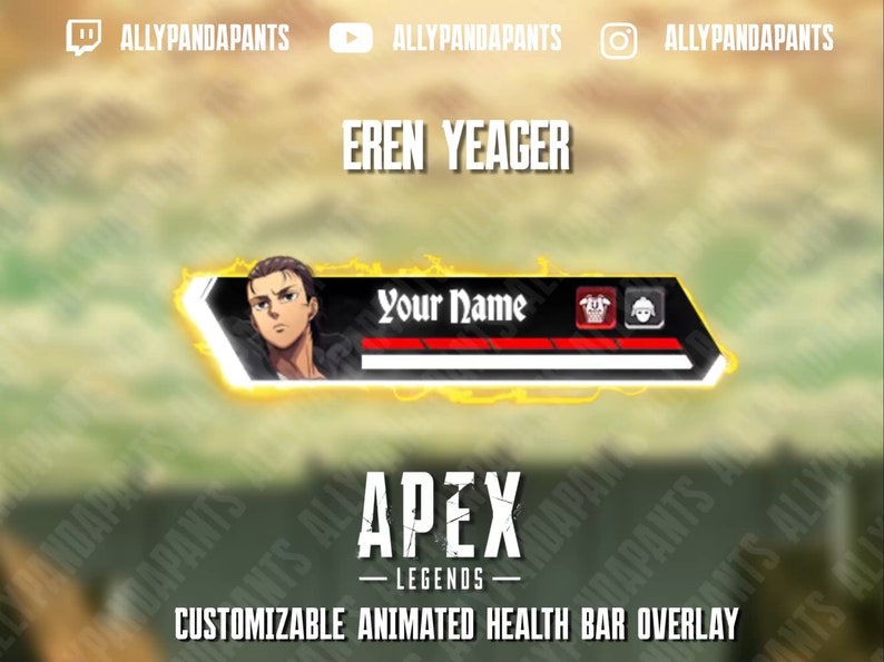 Op de afbeelding: Een aanpasbare geanimeerde gezondheidsbalk-overlay voor Apex Legends met Eren Yeager uit de anime Attack on Titan. De overlay heeft een gele en zwarte rand met een rode en witte gezondheidsbalk. De tekst "Your Name" wordt in wit op een zwarte achtergrond weergegeven. De overlay bevat ook pictogrammen voor pantser en helm.