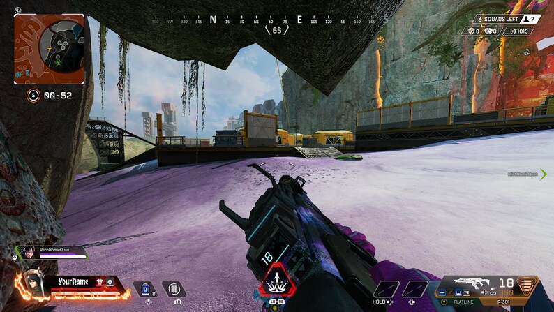 May include: A first-person view of a video game, showing a player holding a purple and black gun with a digital display. The player is in a snowy, mountainous environment with buildings in the distance. The game's interface shows the player's health, ammo, and other information. The text "3 SQUADS LEFT" and "71015" are visible in the upper right corner of the screen.