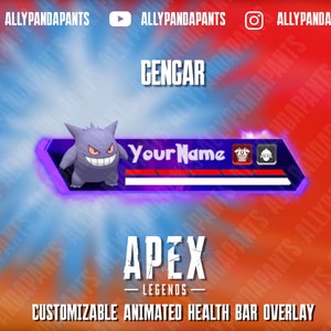 K&ouml;nnte beinhalten: Ein animiertes Gesundheitsbalken-Overlay in Lila und Blau f&uuml;r Apex Legends mit einem Gengar-Charakter aus Pokemon. Das Overlay verf&uuml;gt &uuml;ber ein anpassbares Namensfeld, Schild- und Helm-Icons und eine Gesundheitsleiste.