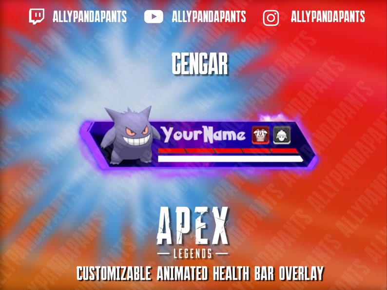 K&ouml;nnte beinhalten: Ein animiertes Gesundheitsbalken-Overlay in Lila und Blau f&uuml;r Apex Legends mit einem Gengar-Charakter aus Pokemon. Das Overlay verf&uuml;gt &uuml;ber ein anpassbares Namensfeld, Schild- und Helm-Icons und eine Gesundheitsleiste.